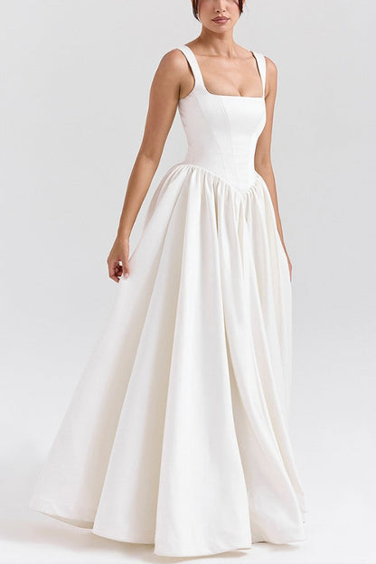 Wide Straps Corset Solid Color Gowns Maxi Dresses-White