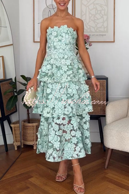 Cocktail Events 3D Embroidery Floral Detail Off Shoulder Tiered Hem Maxi Dress