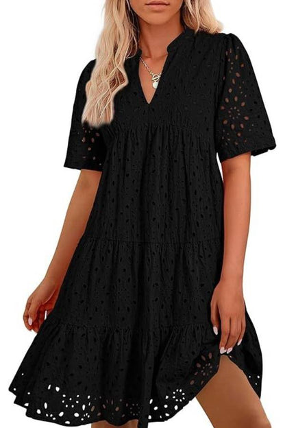 Women's V Neck Short Sleeve Hollow Out Mini Vacation Dress