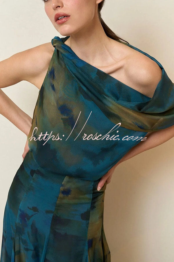 Ione Chiffon Ombr¨¦ Print Cowl Neck Top and High Rise Maxi Skirt Set with Scarf