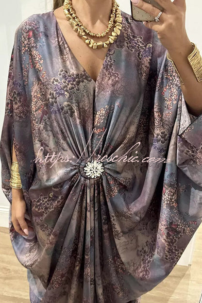 Airy Satin Unique Print V-neck Gemstone Embellished Drape Robe Maxi Dress