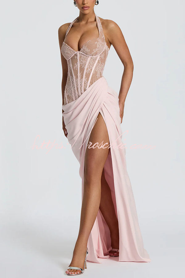Bonita Floral Lace Contrast Structural Detail Asymmetrical Pleats Halter Slit Maxi Dress