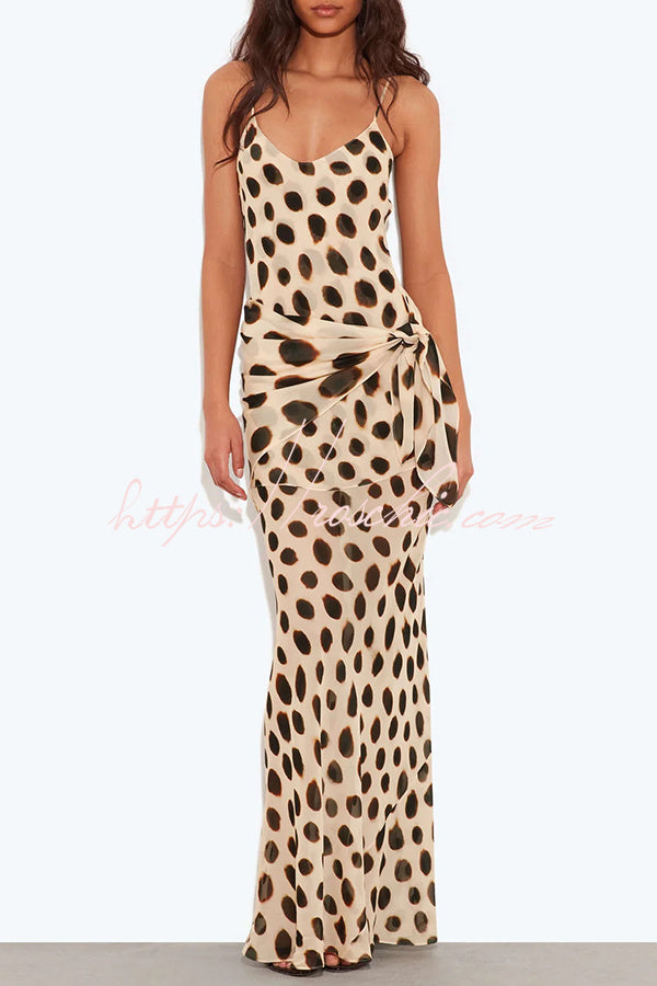 Ozias Leopard Polka Dot Pattern Scoop Neck Removable Scarf Detail Slip Maxi Dress
