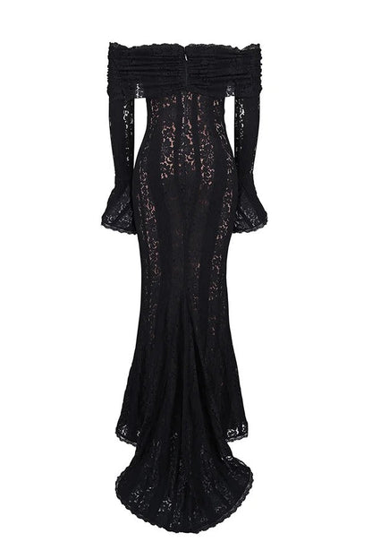 Floral Lace Off Shoulder Flare Sleeve Fishtail Maxi Dresses-White