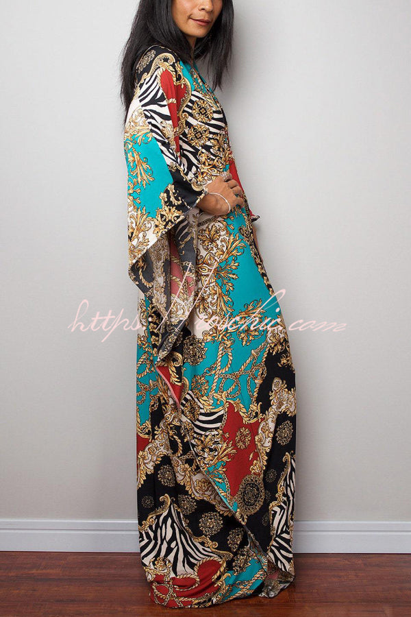 Unique Print Loose V-Neck Batwing Sleeve Casual Maxi Dress
