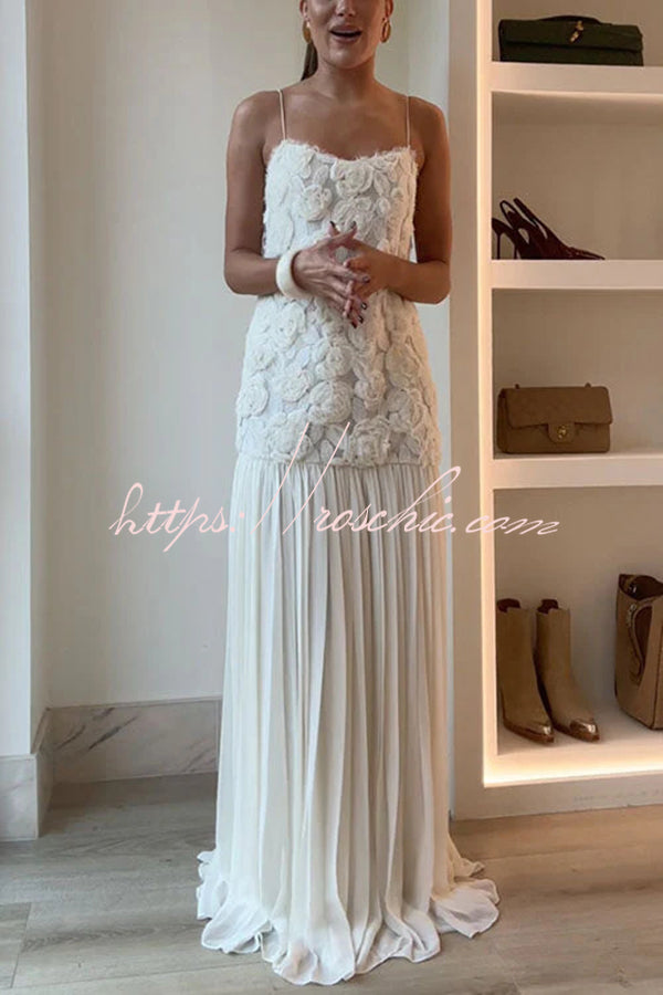 Indulge in Floral Applique Pleated Chiffon Hem Slip Maxi Dress