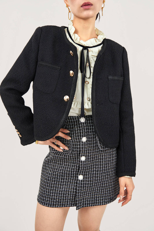 Black Frenchy Button Front Detail Tweed Jacket
