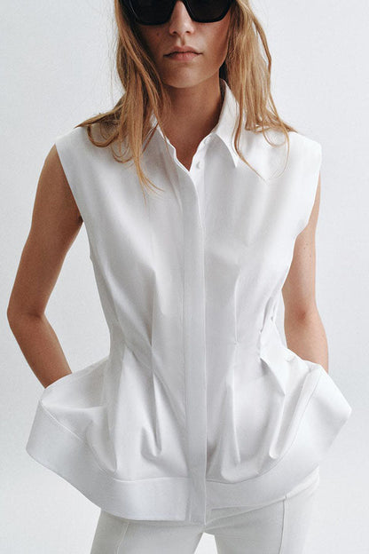 Devon Lapel Button Up Sleeveless Pleated Waist Flare Hem Shirt