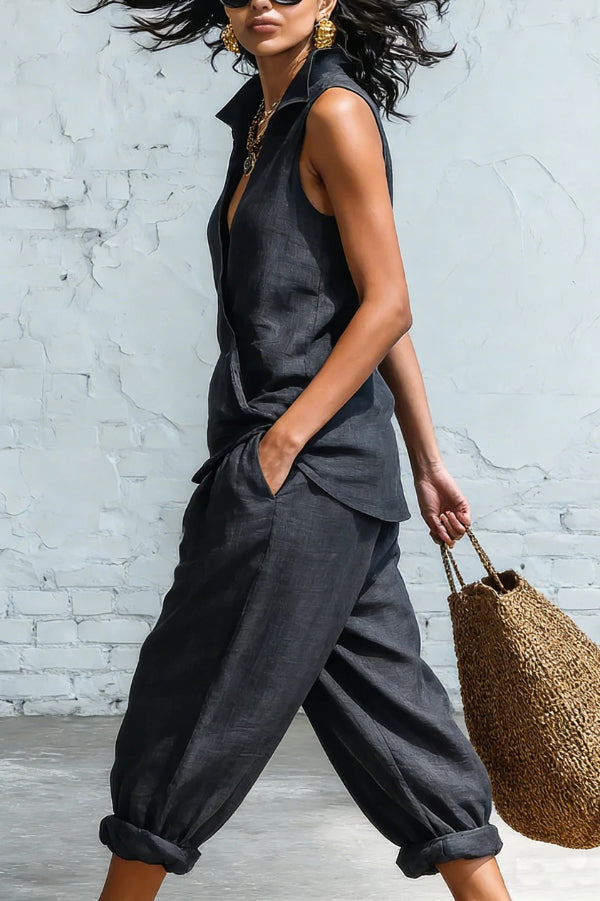 Linen Blend Collared Sleeveless Loose-fitting Top and Elastic Waist Pocket Casual Pants Set