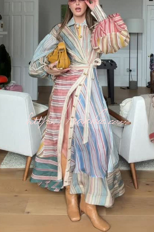 Rainbow Linen Blend Patchwork Striped Button Balloon Sleeve Wrap Shirt Midi Dress