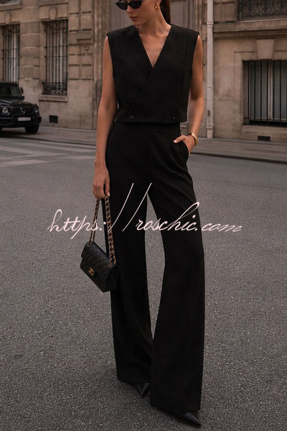 Office Hours V-neck Button Tank and Pleated High Rise Pocket Loose Pants Set