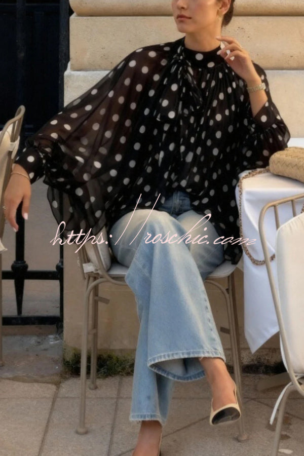 Polka Dot Print Tie-waist Lantern Sleeve Elegant Loose Shirt