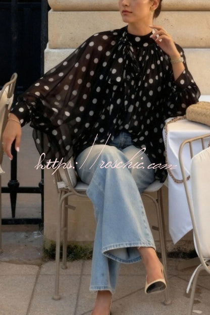 Polka Dot Print Tie-waist Lantern Sleeve Elegant Loose Shirt