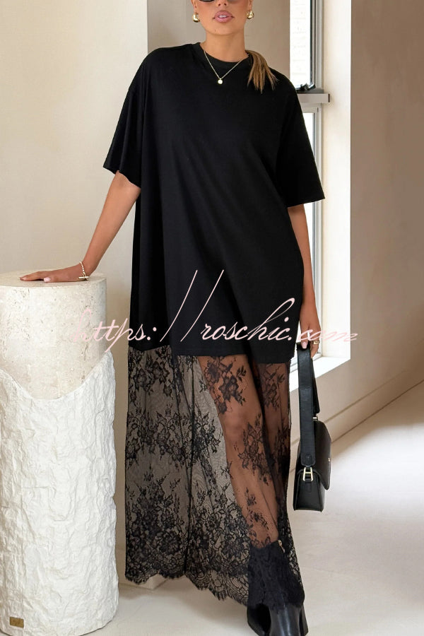 Stylish Loose-fitting Round Neck Short-sleeved Spliced lace Hem Maxi Dress
