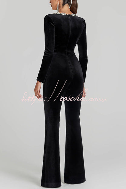 Classic Charm Velvet Jewel Embellished Trim Long Sleeve Flare Jumpsuit