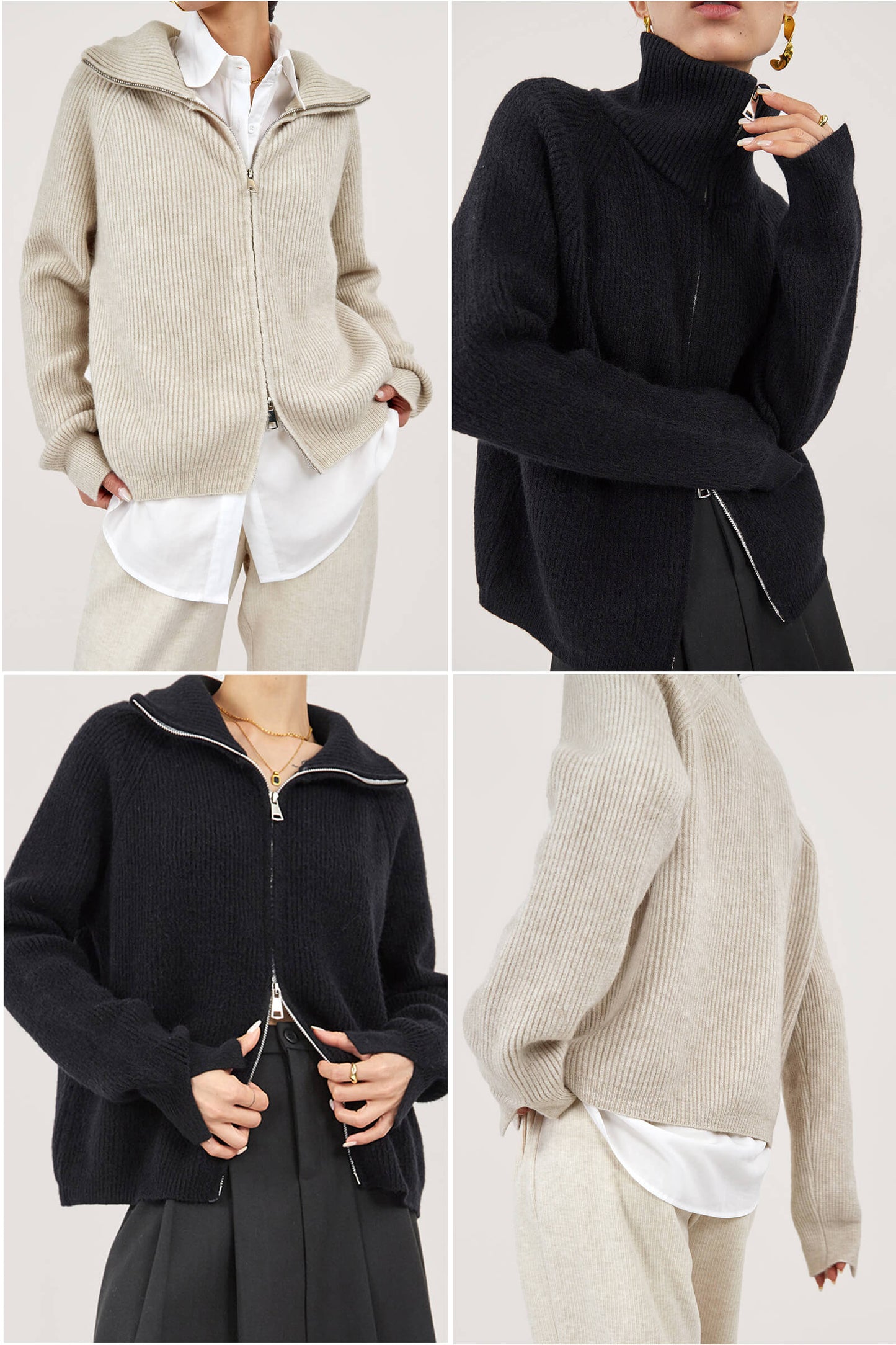 Black Solid Zipper Up Placket Cardigan