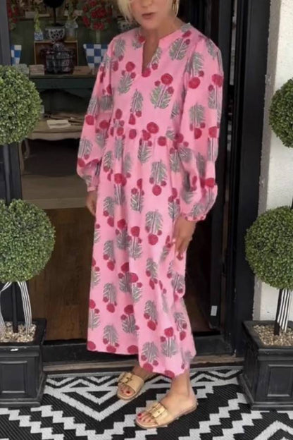V-Neck Floral Print Puff Sleeve Relaxed Midi Dress