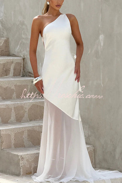 Fable Satin One Shoulder Back Adjustable Straps Contrast Chiffon Hem Maxi Dress