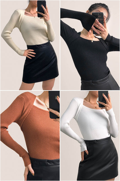 Black Ribbed Knit Square Neck Sweater
