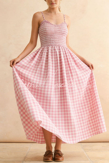 Stylish Plaid Print Spaghetti Strap Ruched Casual Pocket Maxi Dress