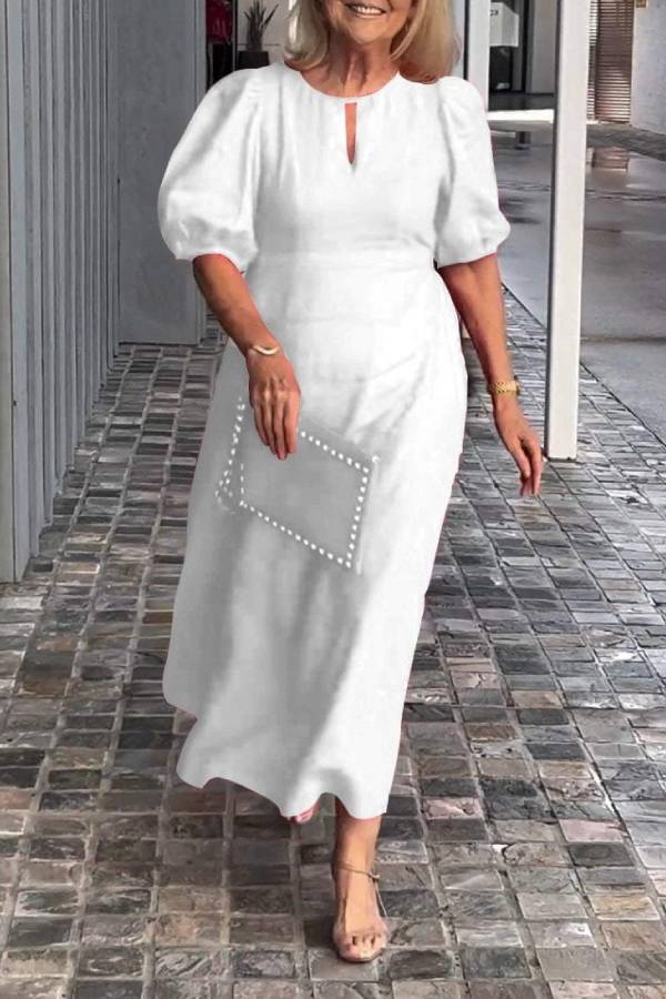 Round Neck Keyhole Puff Sleeve Waisted Midi Dress