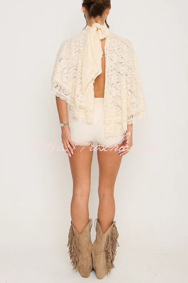 Stylish Openwork Lace Loose Top and Side Zipper Slim-fit Shorts Set