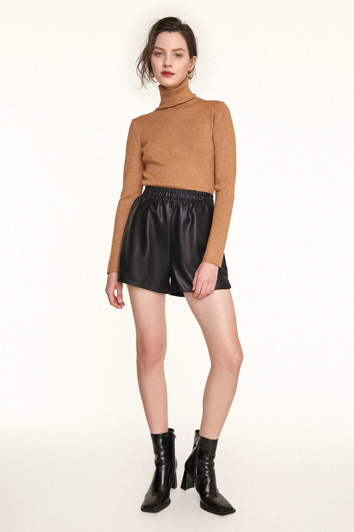 Black Elastic Waist Vegan Leather Shorts