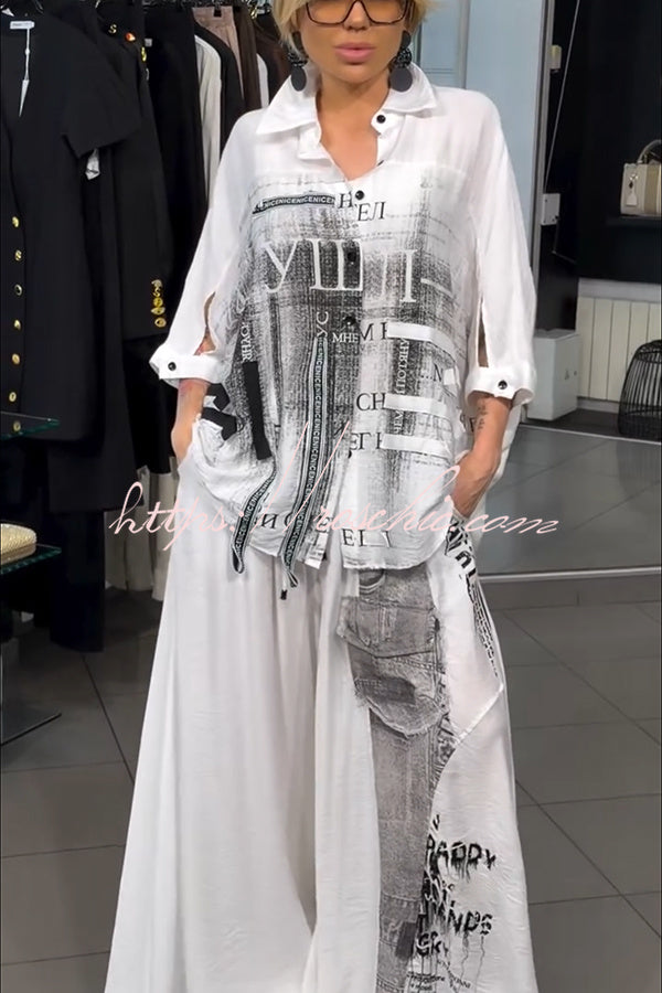 Street Style Graffiti Print Button Half Sleeve Blouse and Elastic Waist Pocket Wide Leg Pants Set