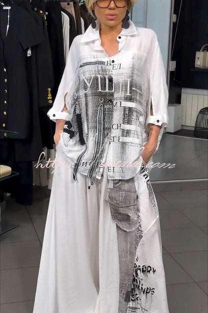 Street Style Graffiti Print Button Half Sleeve Blouse and Elastic Waist Pocket Wide Leg Pants Set