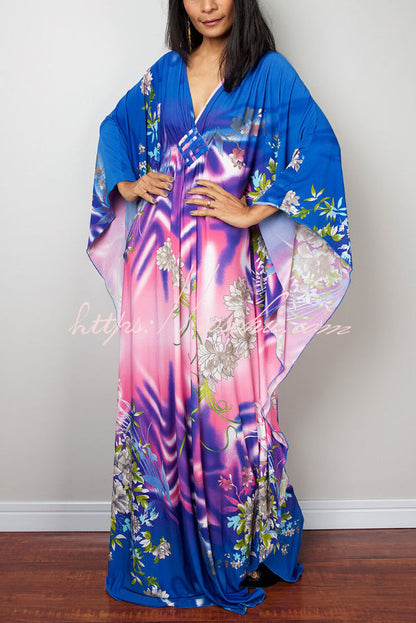 Unique Print Loose V-Neck Batwing Sleeve Casual Maxi Dress