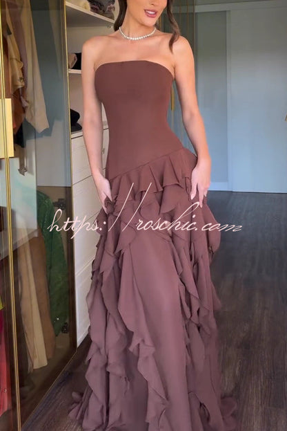 Elegant Sleeveless Off-shoulder Fitted Ruffled High Slit Maxi Dress