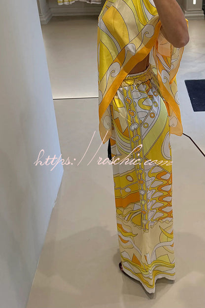 Luxe Resort Satin Unique Print Cape-style Top and Elastic Waist Pocket Wide Leg Pants Set
