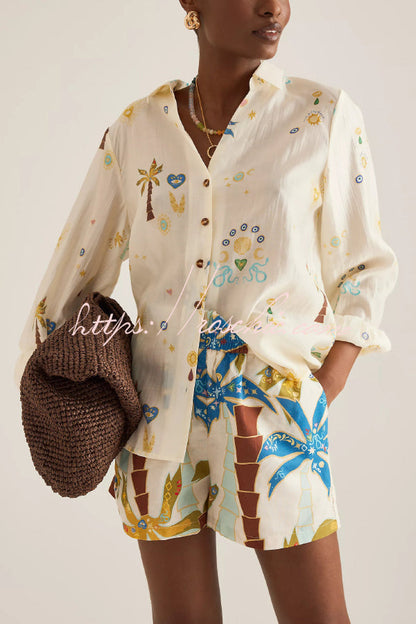 Linen Blend Summer Printed Collared Long-sleeved Shirt and Elastic Waist Pocket Casual Shorts Set