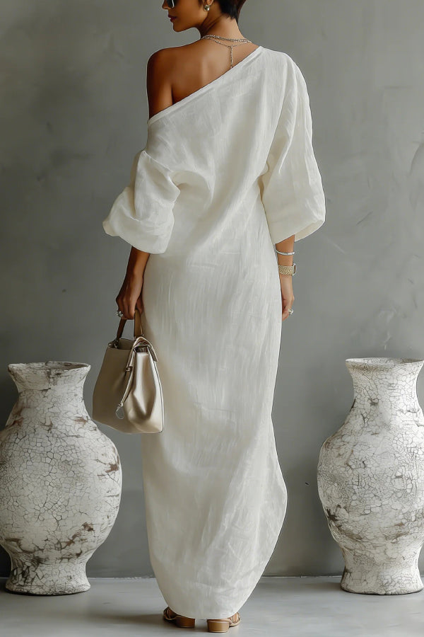 Linen Blend Loose-fitting One-shoulder Lantern Sleeve Casual Pocket Maxi Dress