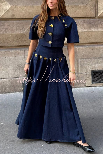 Custom Look Denim Unique Metal Pattern Buttons Slit Half Sleeve Crop Jacket