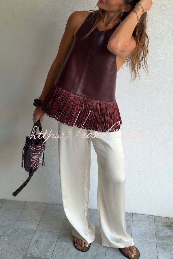Stylish Halter Neck Sleeveless Leather Tassel Loose Top