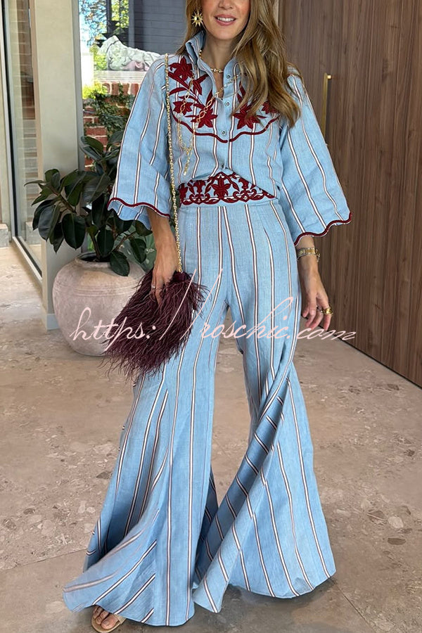 Delirio Linen Blend Floral Embroidery and Stripes Print High Rise Flare Hem Pants