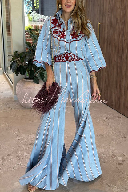 Delirio Linen Blend Floral Embroidery and Stripes Print High Rise Flare Hem Pants