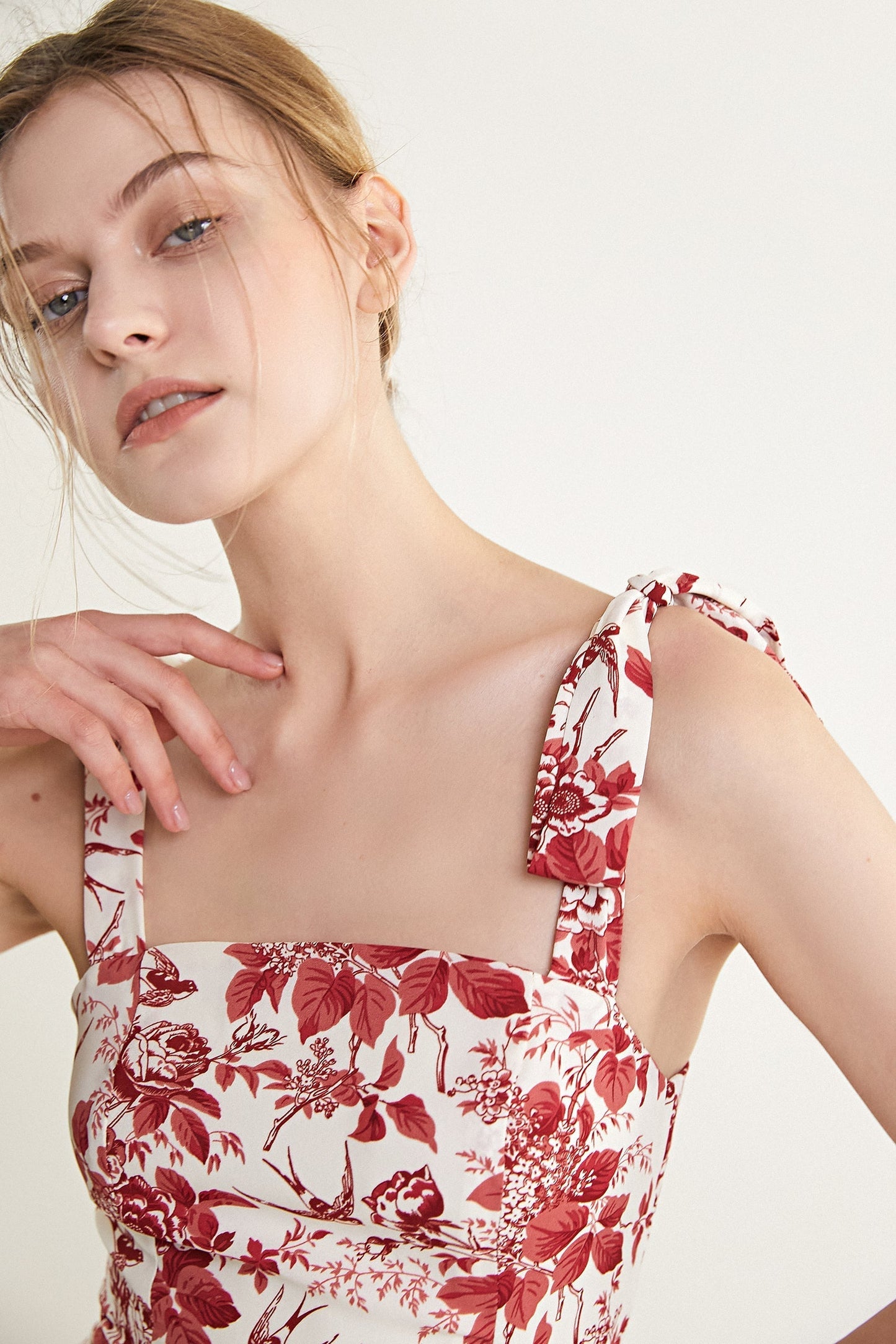 Dark Red Floral Print Tie Strap Slit Hem Midi Dress