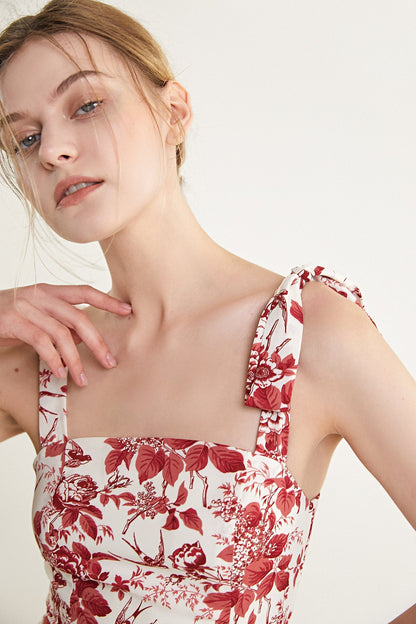 Dark Red Floral Print Tie Strap Slit Hem Midi Dress