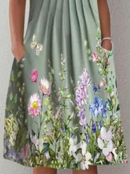 Casual Floral Round Neck Mid length Straight Dress