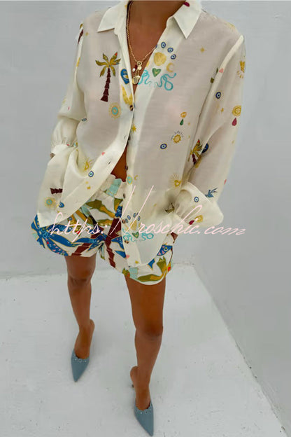 Linen Blend Summer Printed Collared Long-sleeved Shirt and Elastic Waist Pocket Casual Shorts Set