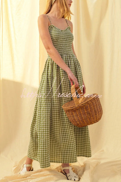 Stylish Plaid Print Spaghetti Strap Ruched Casual Pocket Maxi Dress