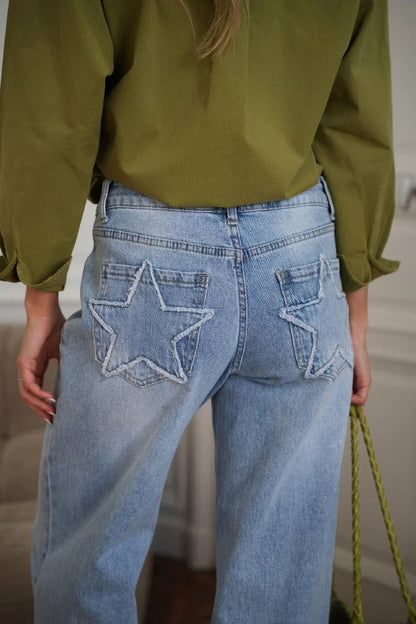 Stylish Denim Colorblock Star Patterned Mid Waist Pocket Wide Leg Jeans