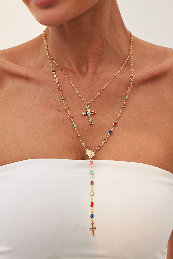 Fashionable Diamond Cross Chain Elegant Multi-layered Necklace
