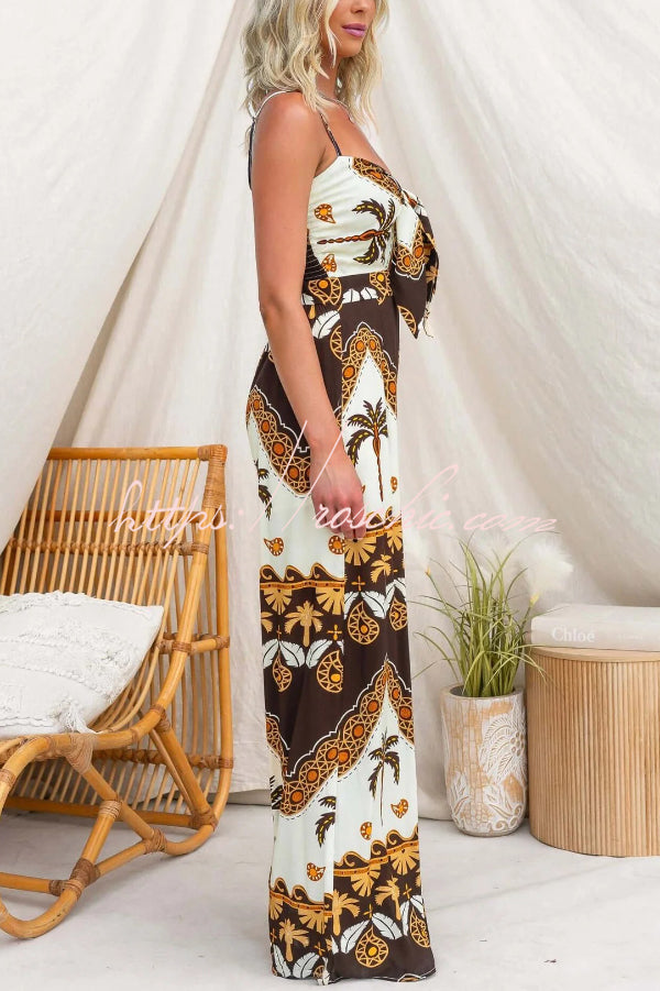 Unique Print Casual Spaghetti Strap High Waist Resort Loose Wide Leg Jumpsuit