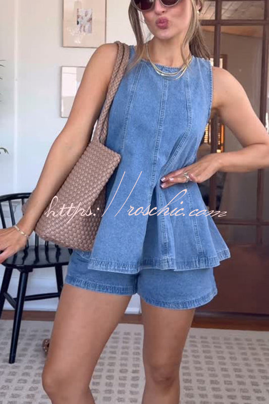 Adventure Awaits Denim Vertical Seam Sleeveless Flare Hem Top and Elastic Waist Pocket Shorts Set