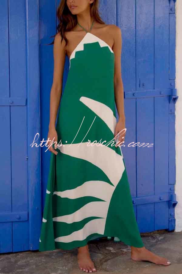Stylish Color-blocked Print Halter Neck Backless Casual Vacation Maxi Dress