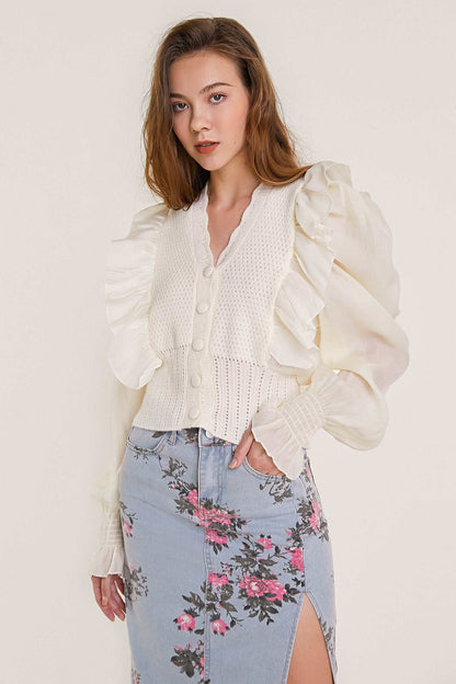 Beige Pointelle Knit Ruffled Chiffon Puff Sleeve Cardigan