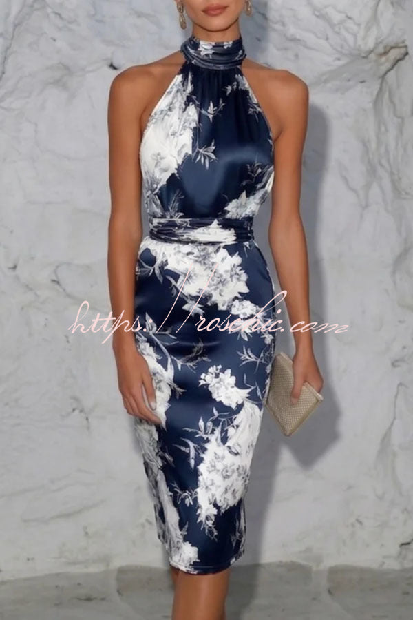 Grinnell Satin Contrast Floral Print Ruched High Neck Sleeveless Midi Dress